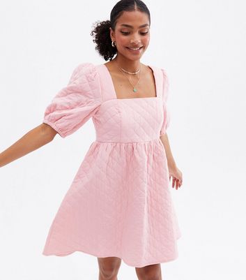 Pink Quilted Square Neck Puff Sleeve ...